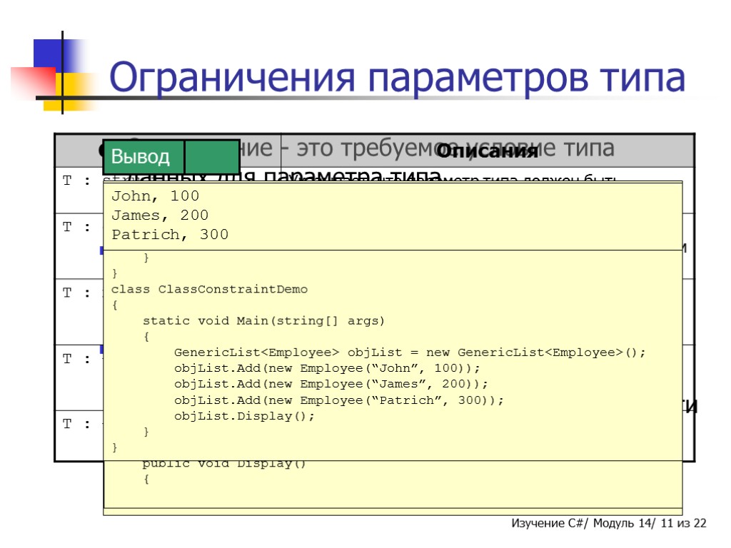 Ограничения параметров типа Ограничение - это требуемое условие типа данных для параметра типа. Ограничения